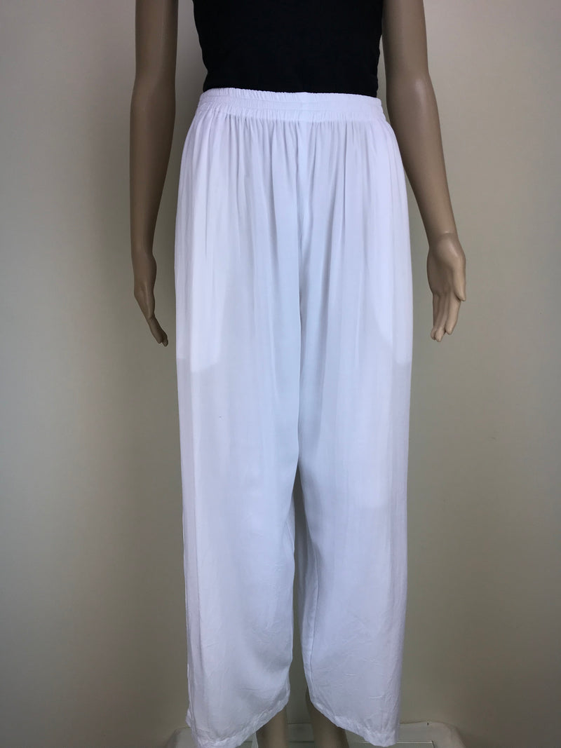 Full Length Pants with Elastic Waist and Pockets - White