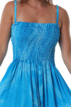 Knee Length Shirred Dress with Pockets - Tie Dye Light Blue