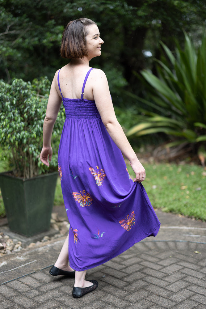 Maxi Bow Dress - Adjustable Spaghetti Straps and Bow shaped bust - Purple with embroidered butterfly's