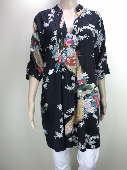 tunic top - black with flowers and peacock