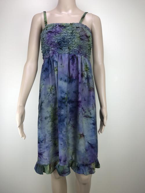 girls smokey green and purple dress with ruched top and adjustable spaghetti straps