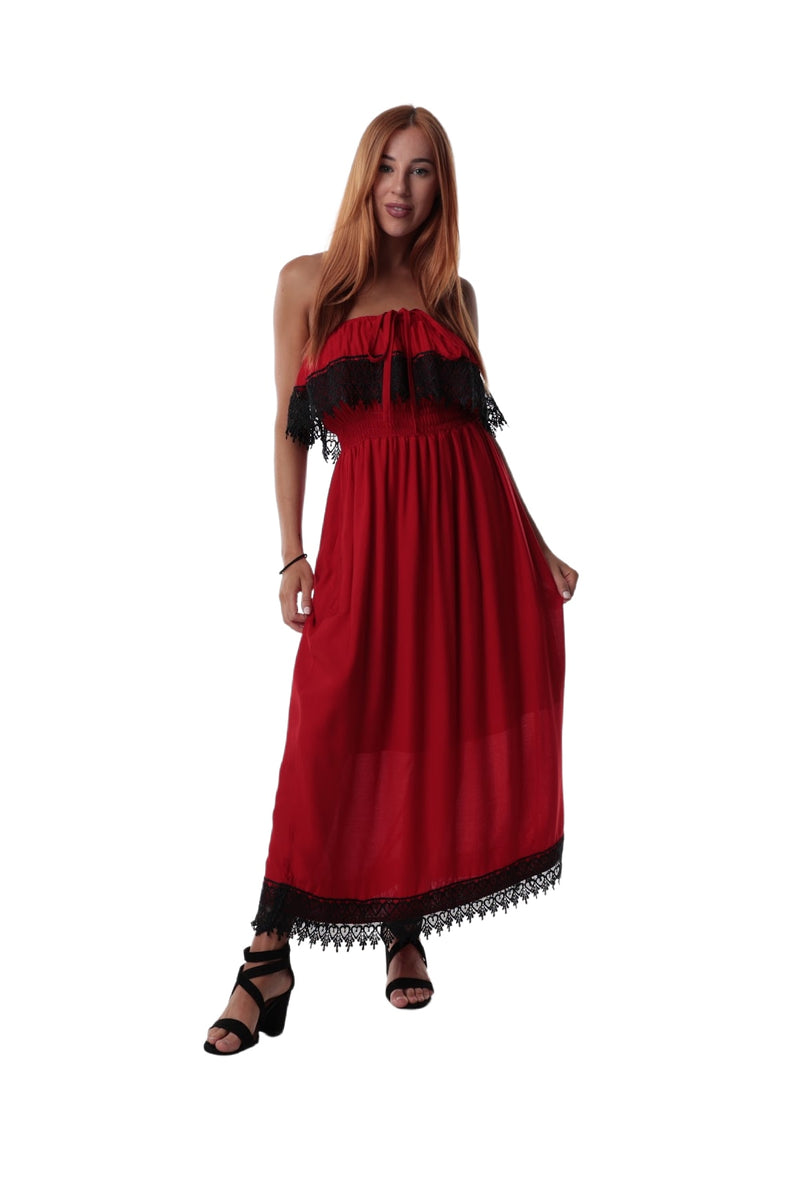 Maxi Lace Dress - Halter Neck with Pockets - Red and Black