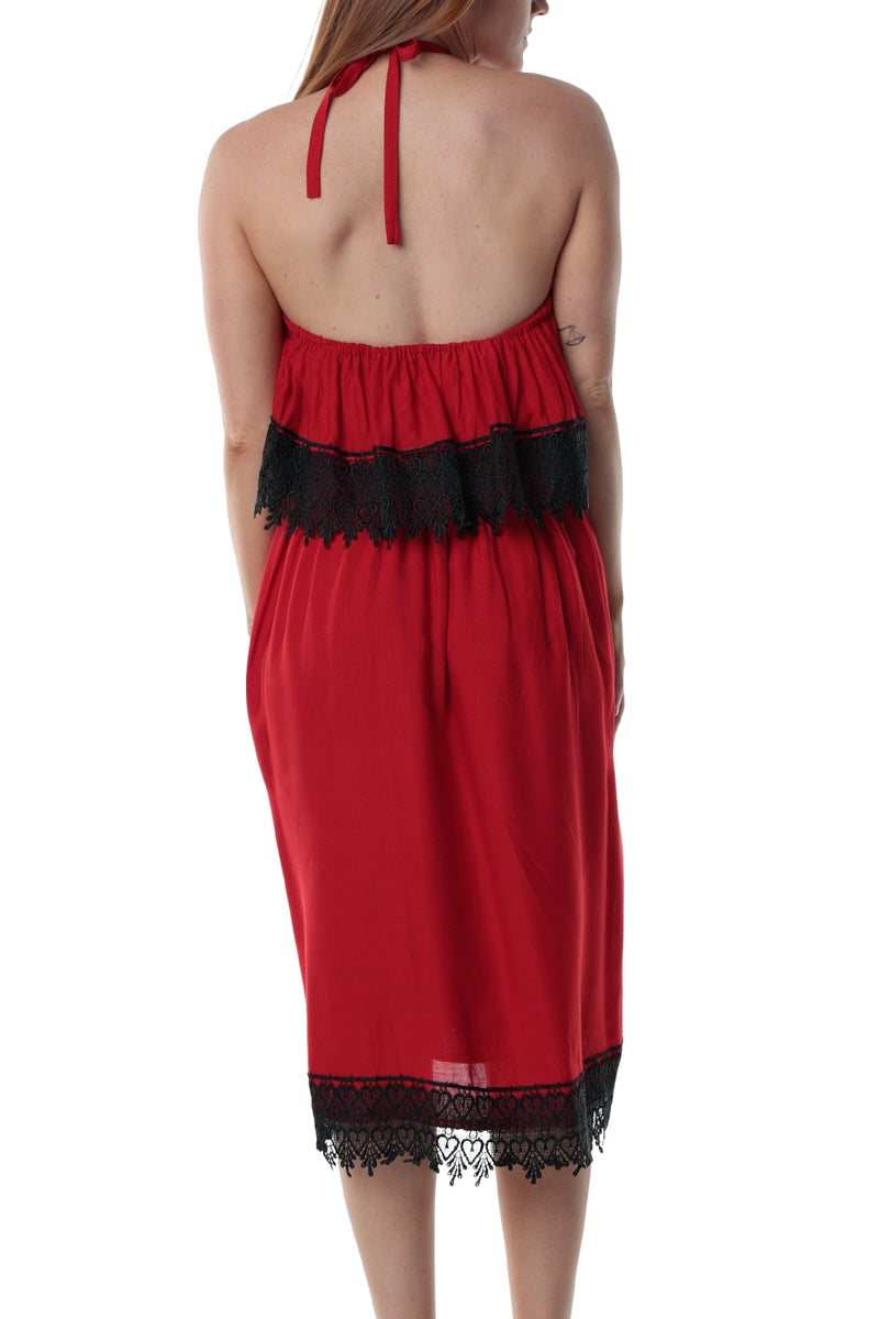 Dress Midi Lace Halterneck Red Black