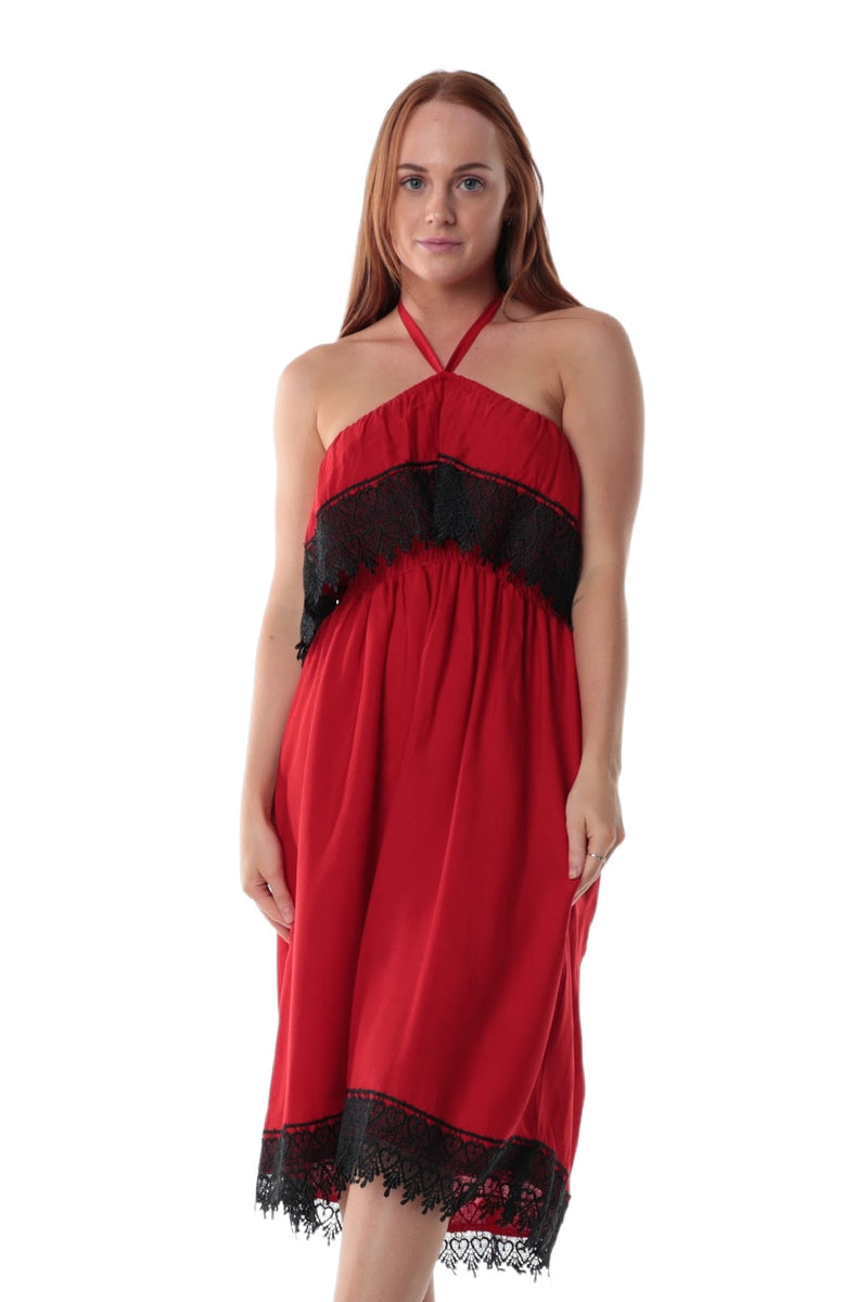 Lace Dress Knee Length with Pockets - Halter Neck - Black - White - Red Black