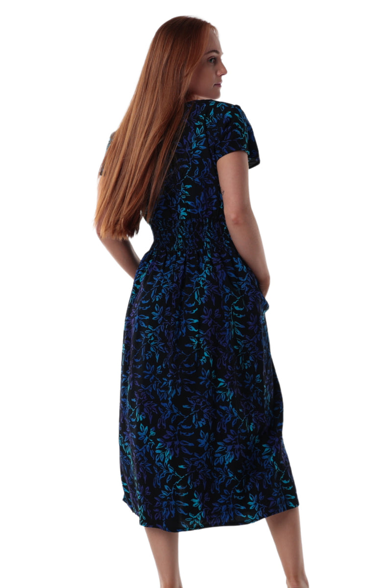 Mid Length Dress with V Neck Cap Sleeves and Pockets - Wanderer - Black Blue and Purple