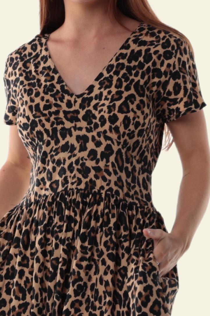 Mid Length Dress with V Neck Cap Sleeves and Pockets - Leopard