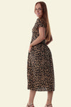 Mid Length Dress with V Neck Cap Sleeves and Pockets - Leopard