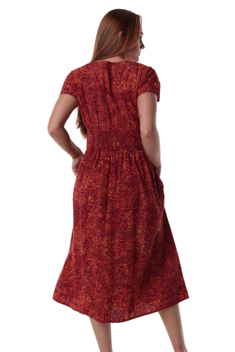 Mid Length Dress with V Neck Cap Sleeves and Pockets - Ruby Red