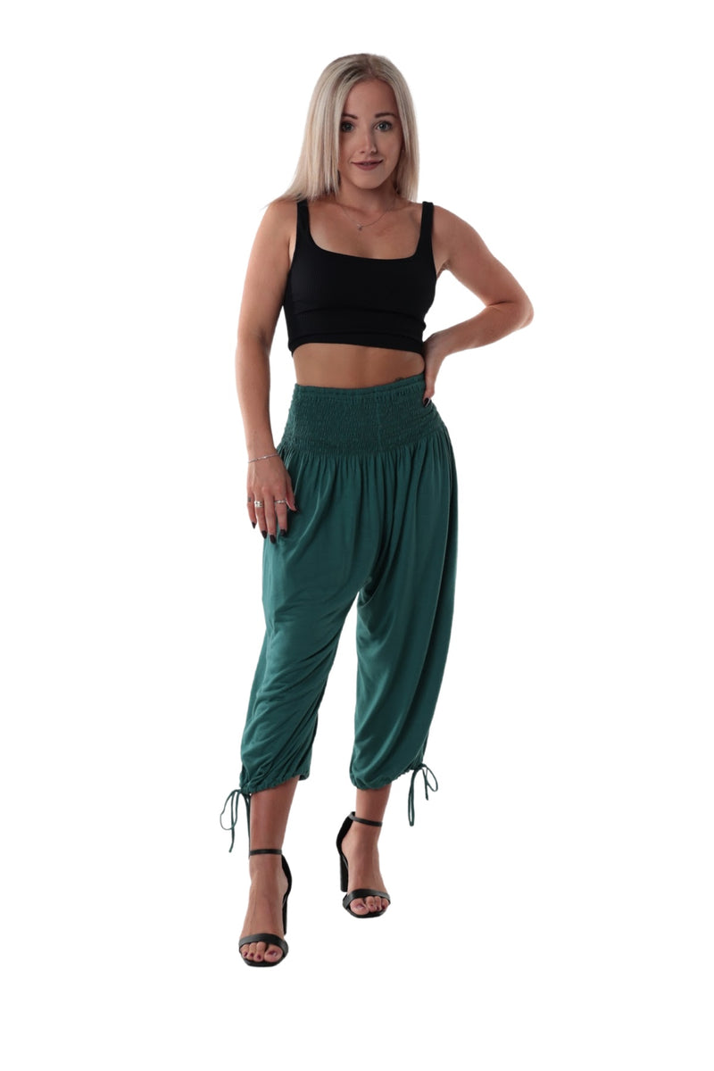 Pants 3/4 Length Pockets Shirred elastic waist Green
