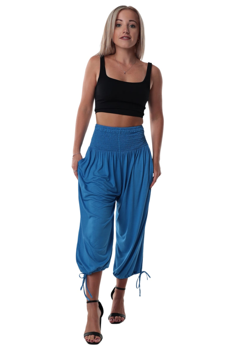 Pants 3/4 Length Pockets Shirred elastic waist Blue