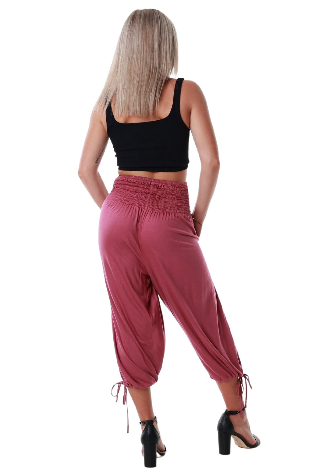Pants 3/4 Length Pockets Shirred elastic waist Wine Red