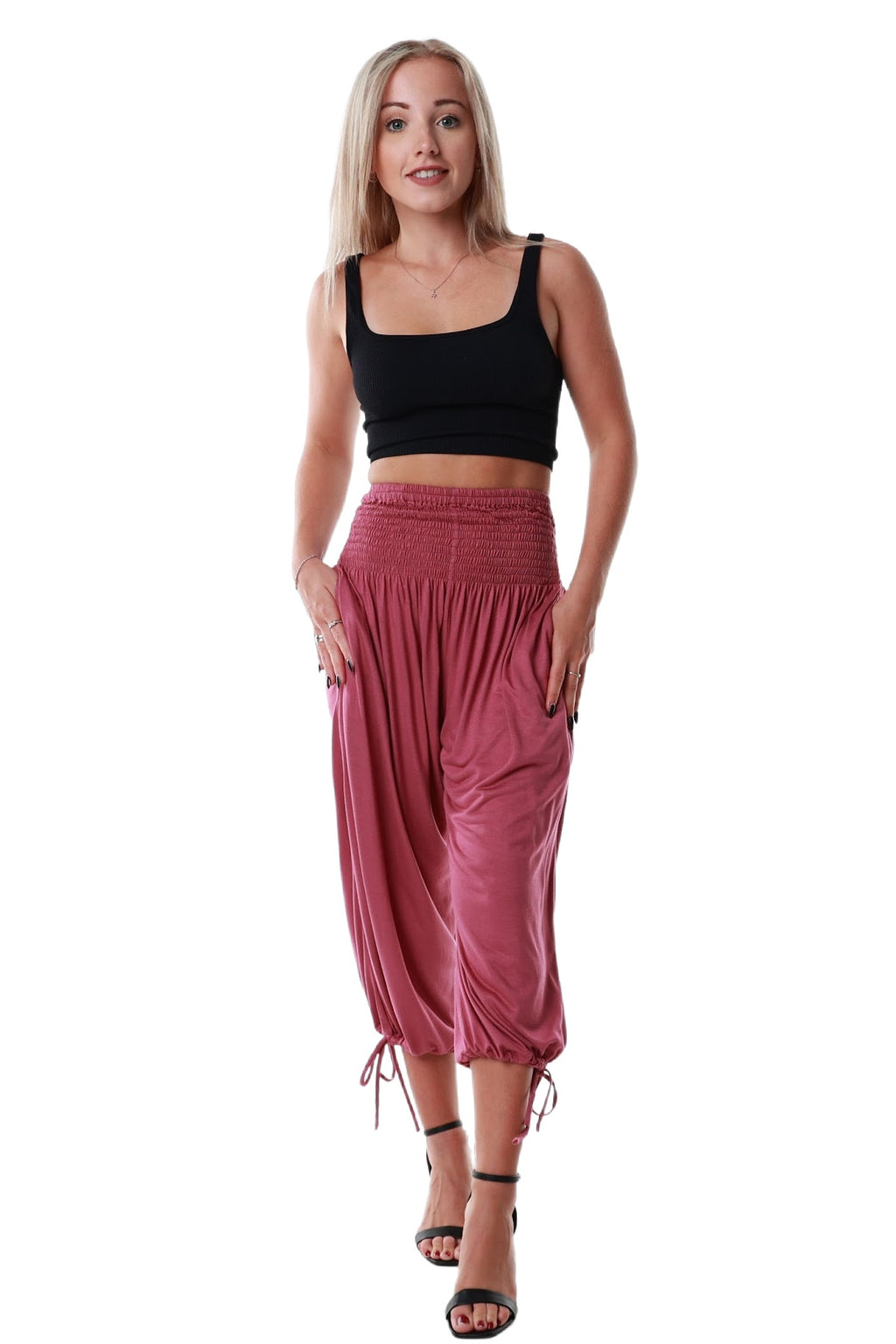 Pants 3/4 Length Pockets Shirred elastic waist Wine Red