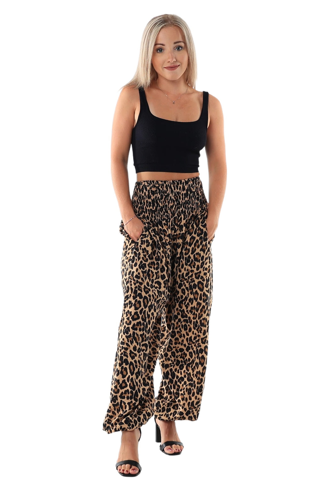 Pants full length harem pockets Leopard