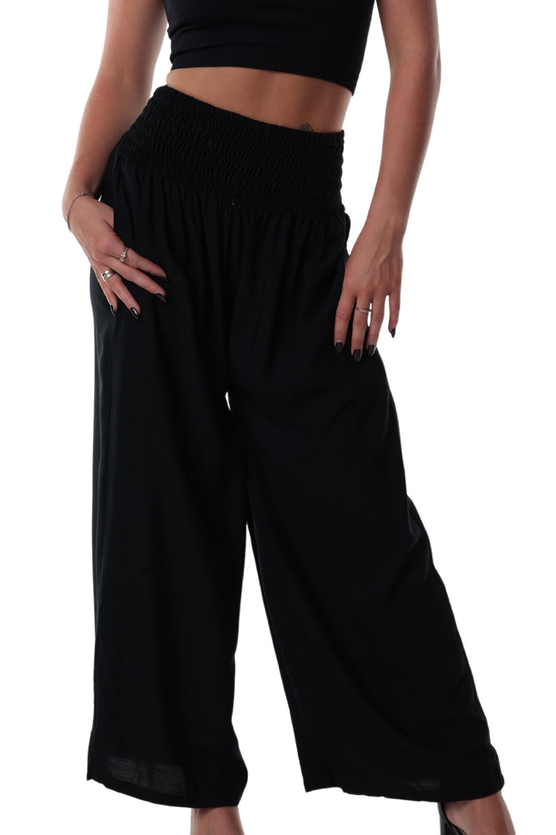 Shirred Waist Full Length Pants with hidden side Pockets  - Black