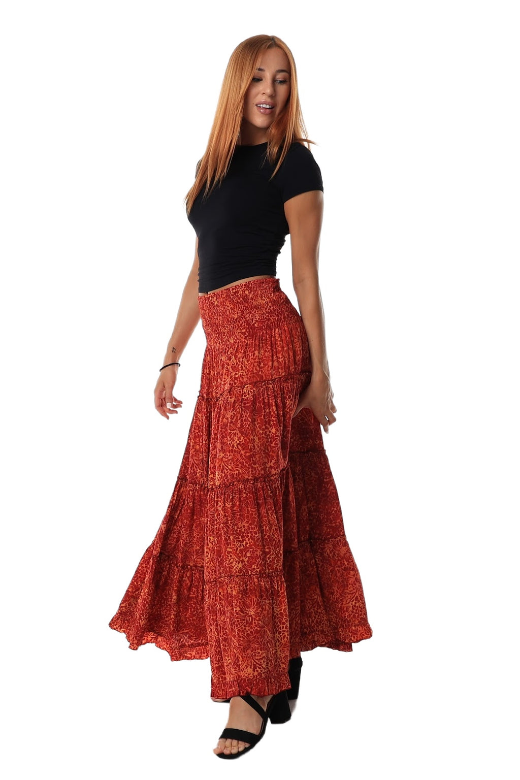 maxi skirt shirred waist Red Pattern