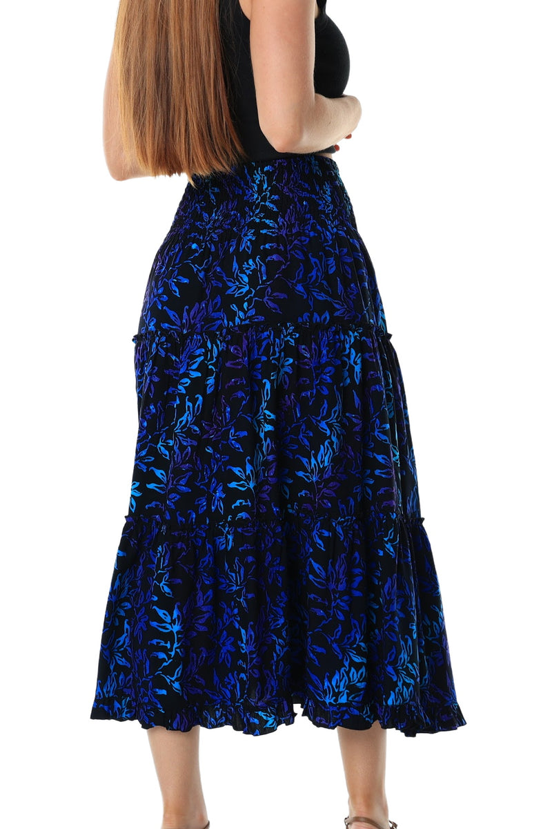 Gypsy Mid Length Skirt - Bohemian Shirred Waist with Ruffled Layers - Fun and Vibrant - Wanderer - Blue Black Purple