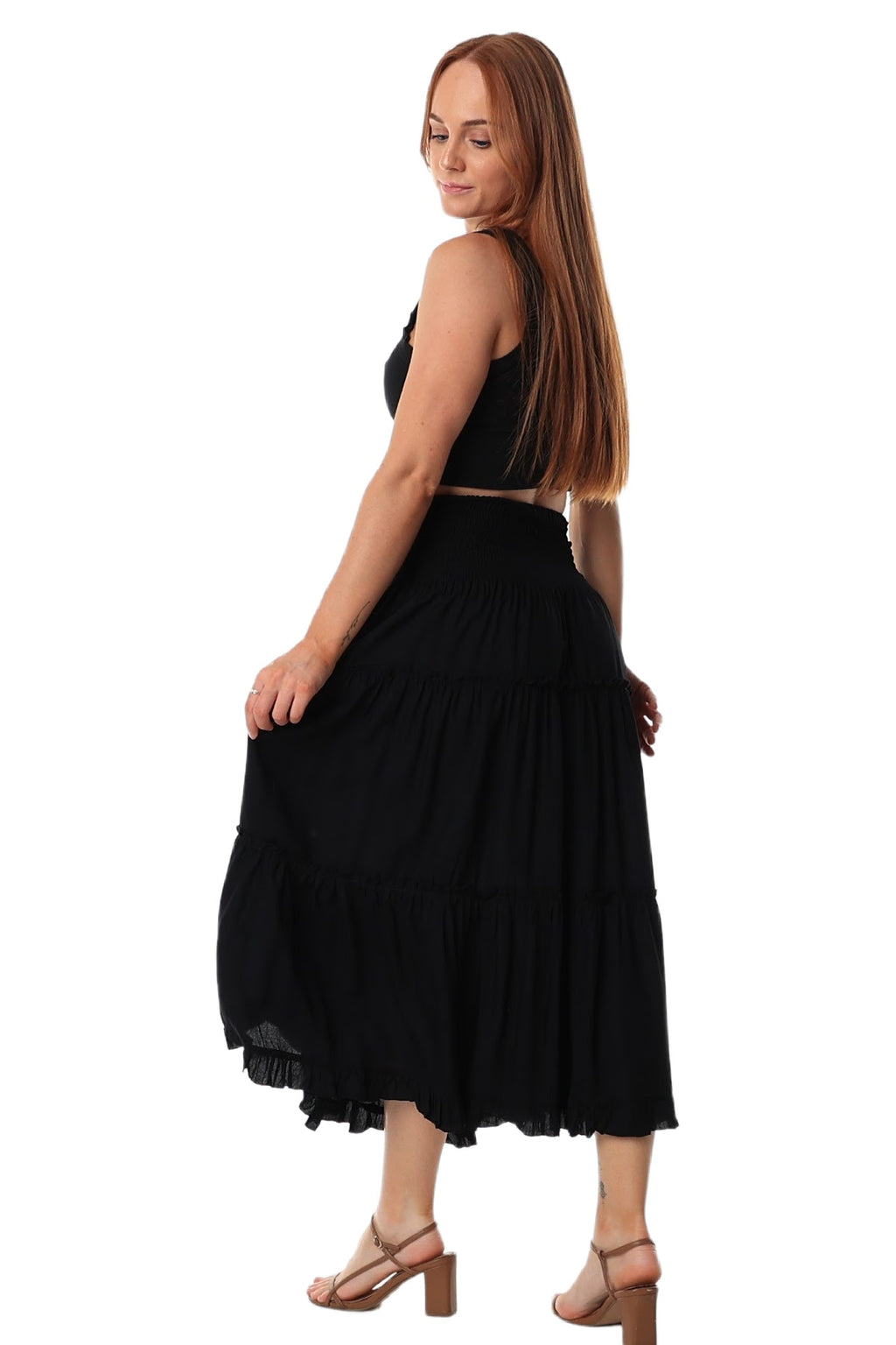 midi skirt shirred waist black