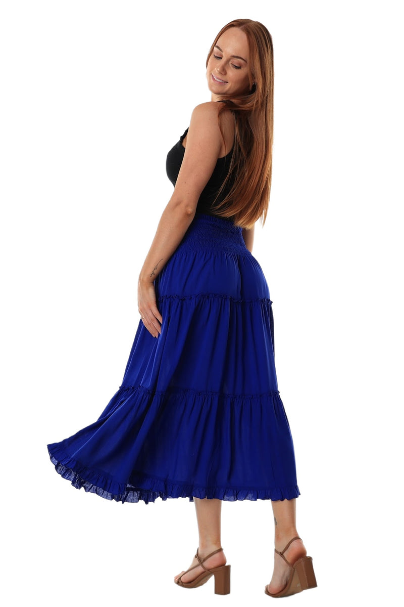 midi skirt shirred waist blue