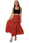 Mid Length Skirt - Bohemian Shirred Waist with Ruffled Layers - Fun and Vibrant - Ruby Red