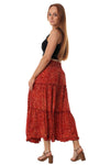 Mid Length Skirt - Bohemian Shirred Waist with Ruffled Layers - Fun and Vibrant - Ruby Red