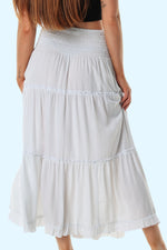 Gypsy Mid Length Skirt - Bohemian Shirred Waist with Ruffled Layers - Fun and Vibrant - White