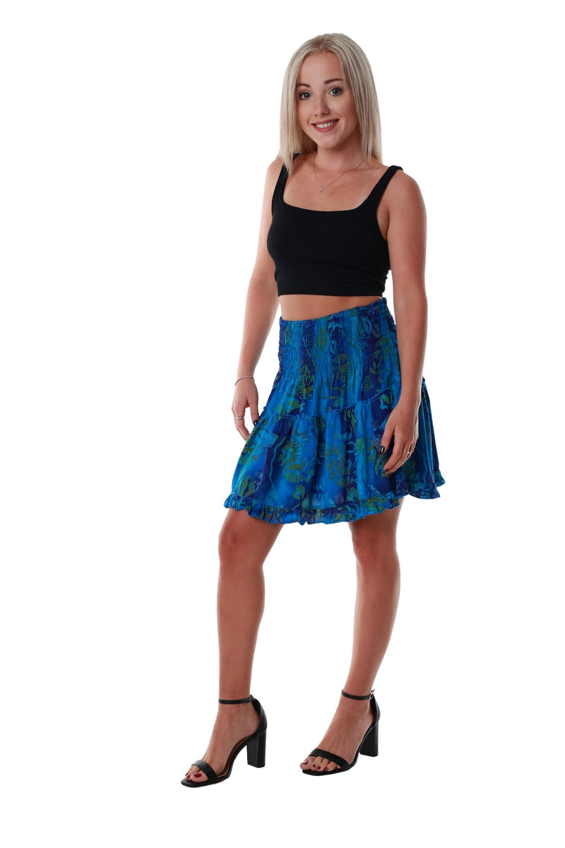 mini skirt shirred waist blue purple green