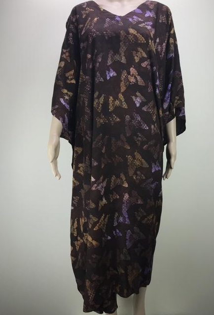 Traditional Boho Kaftan with V-neck -  Chocolate Brown with Light Brown and Purple Butterfly's