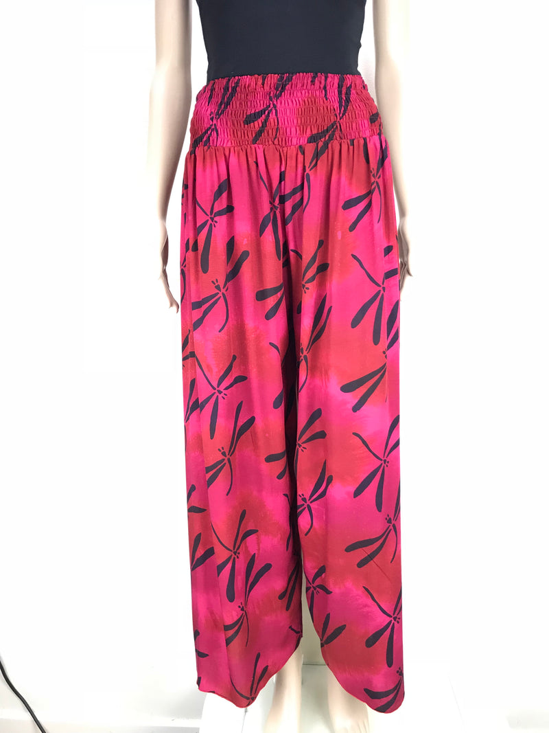 Shirred Waist Full Length Pants - Red with Black Dragonfly's