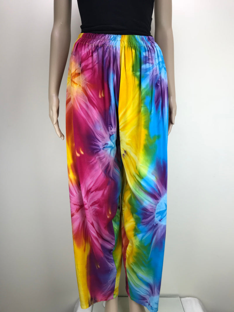 Full Length Pants with Elastic Waist and Pockets - Tie Dye Rainbow