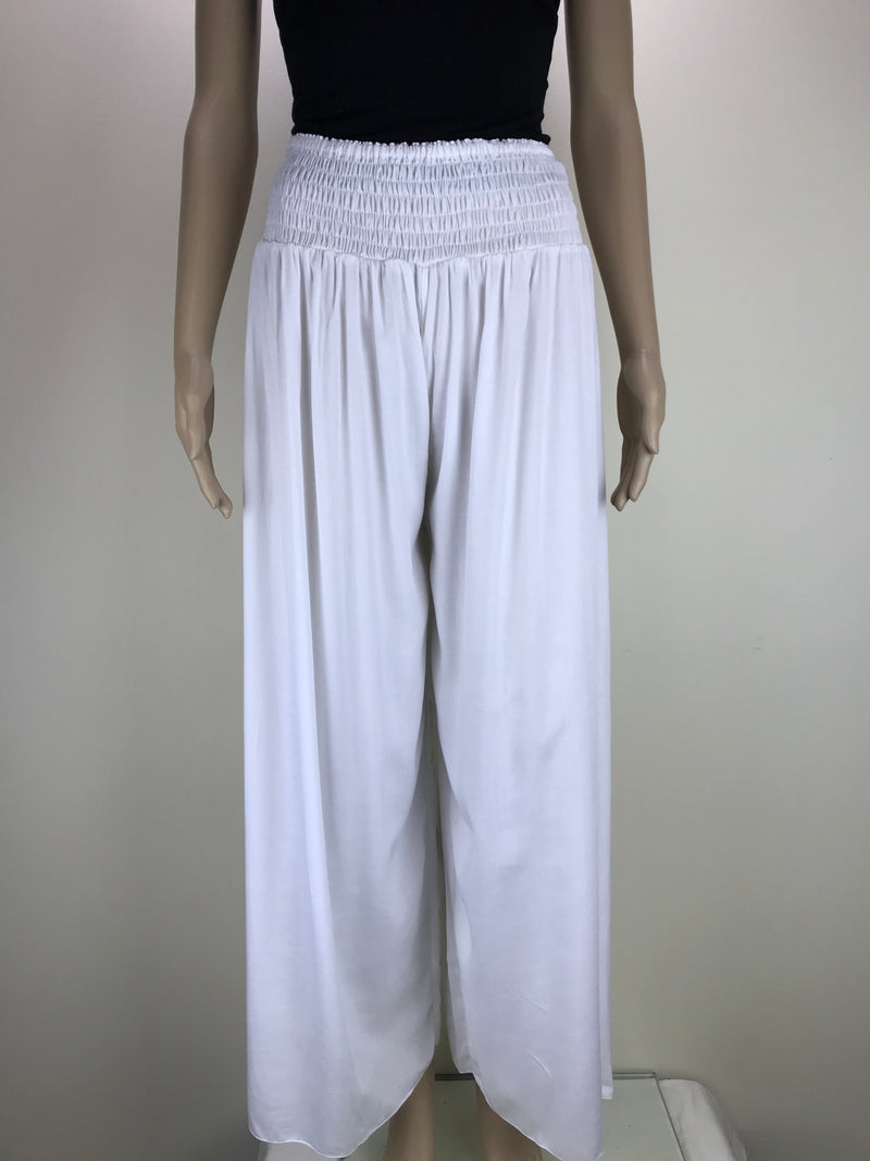 Shirred Waist Full Length Pants - White