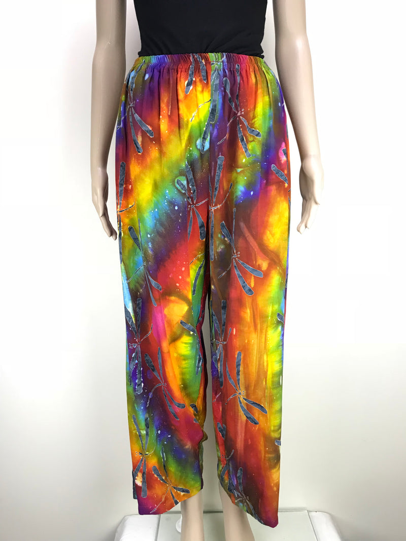 Full Length Pants with Elastic Waist and Pockets - Tie Dye Rainbow with Dragonfly's