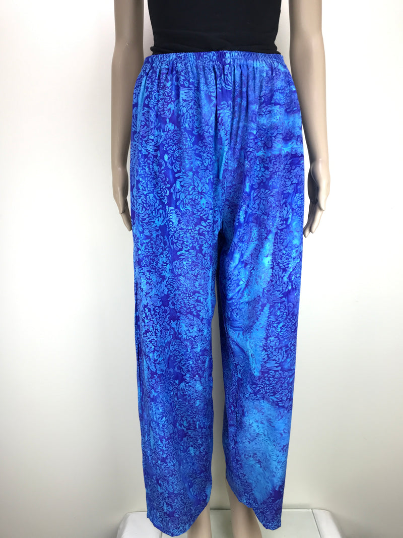 Full Length Pants with Elastic Waist and Pockets - Shades of Blue with Flowers Print