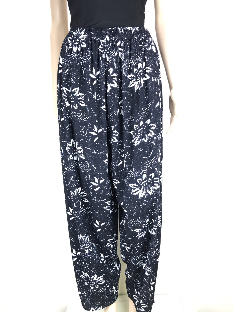 Full Length Pants with Elastic Waist and Pockets - Black with White Flowers