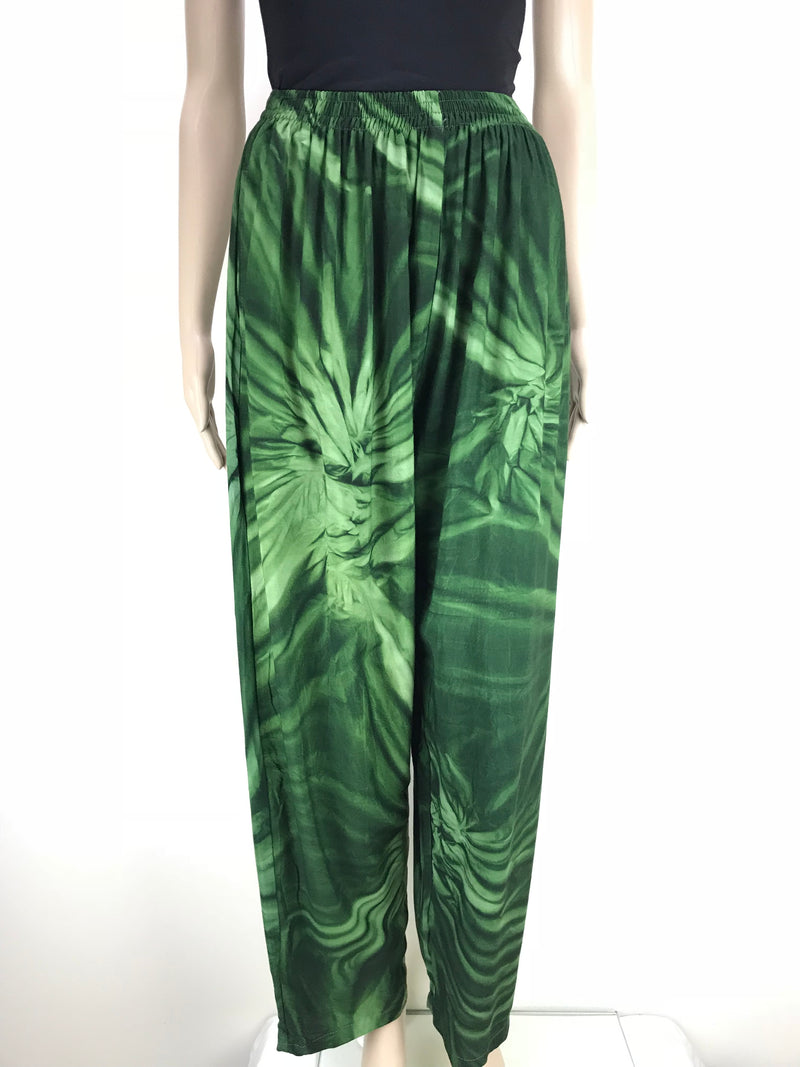 Full Length Pants with Elastic Waist and Pockets - Tie Dye Green