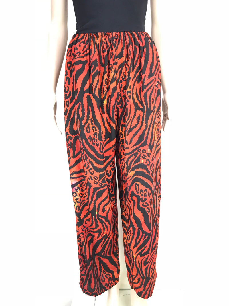 Full Length Pants with Elastic Waist and Pockets - Orange and Black Animal Print