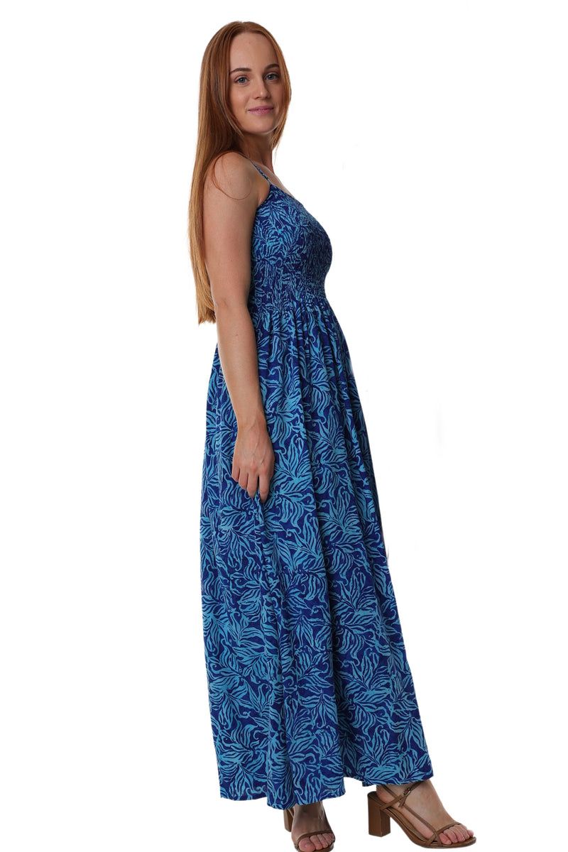 Maxi Shirred Dress with Pockets - Blue Skies - Light Blue and Dark Blue