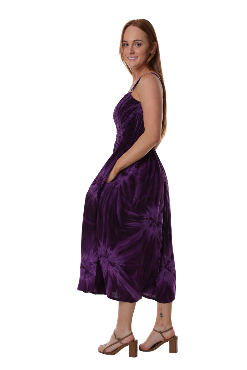 Maxi Shirred Dress with Pockets - Tie Dye Purple
