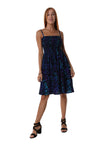 Knee Length Shirred Dress with Pockets - Wanderer - Black Blue and Purple