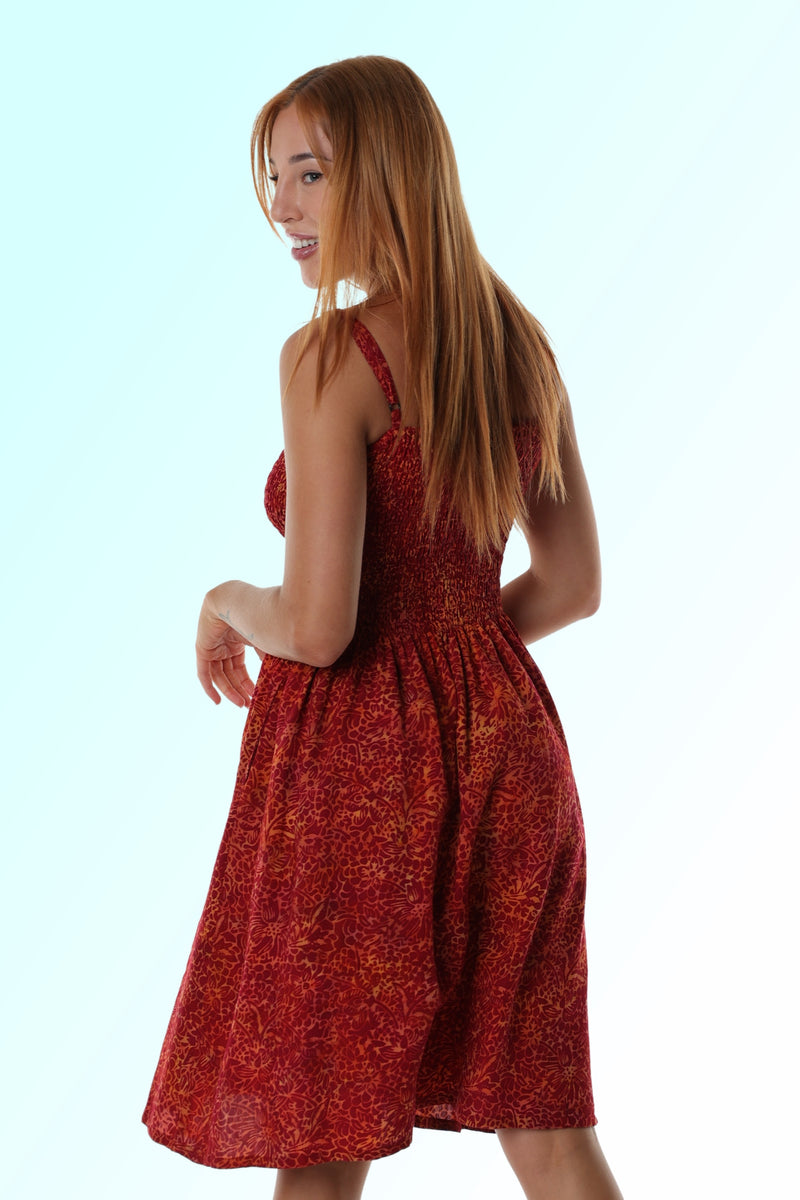 Knee Length Shirred Dress with Pockets - Ruby Red