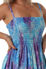 Knee Length Shirred Dress with Pockets - Smokey Blue and Purple