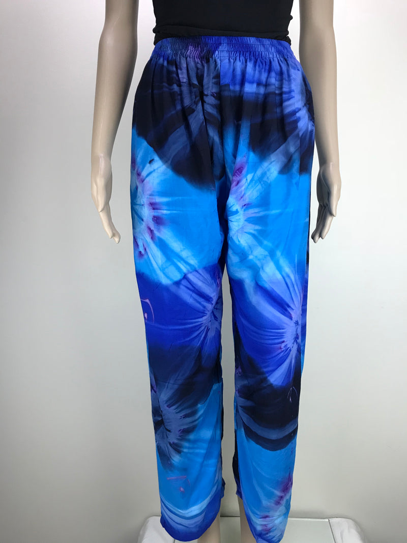 Full Length Pants with Elastic Waist and Pockets - Tie Dye Blue and Black