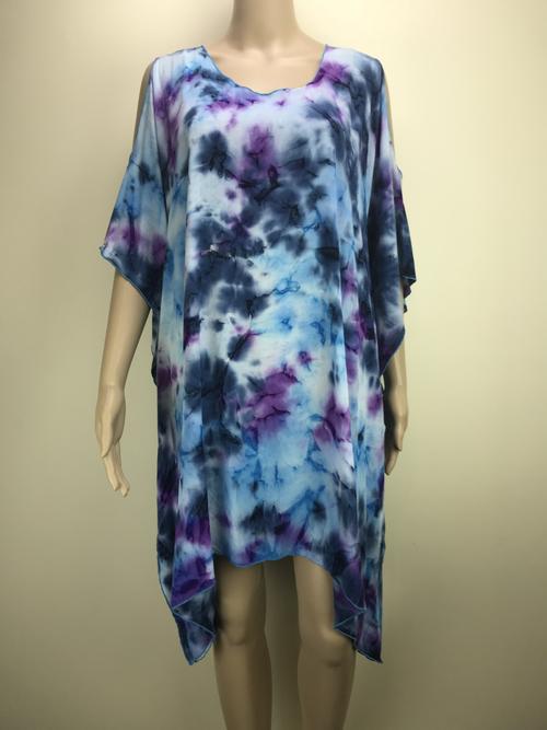 cold shoulder long poncho top - purple blue and white