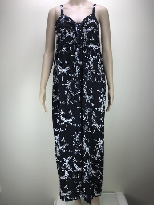 Maxi dress adjustable spaghetti straps black with dragonfly