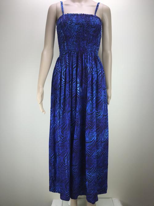 Maxi dress spaghetti straps shirred lines blue purple