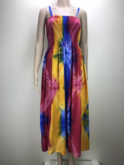 Maxi dress shirred tie dye dark rainbow