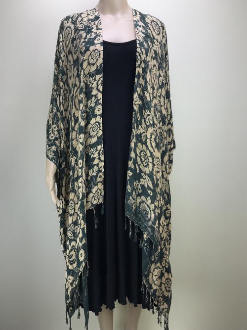 Shawl Cape - Soft Beige with Emerald Green Flowers