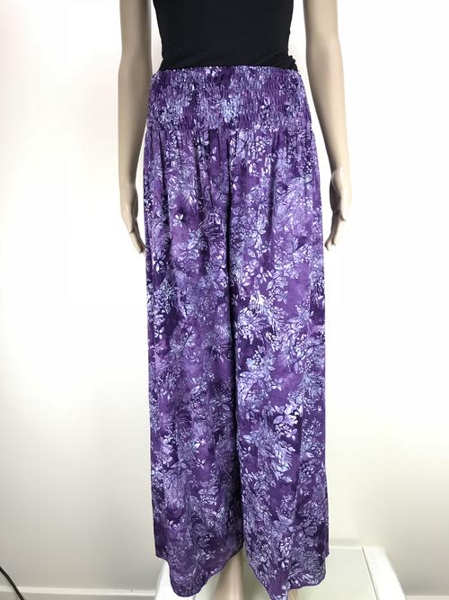 pants wide leg shirred waist flower purple white