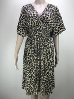 Kimono Knee Length Dress with a V-Cut neckline and back and a Shirred Waist - Animal Print