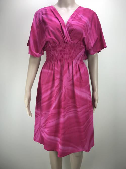 Kimono Knee Length Dress with a V-Cut neckline and back and a Shirred Waist - Tie Dye