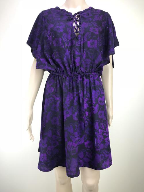 dress short sleeves lace up front - purple flower